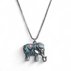 Silver Tone Elephant Pendant Necklace Jeweled